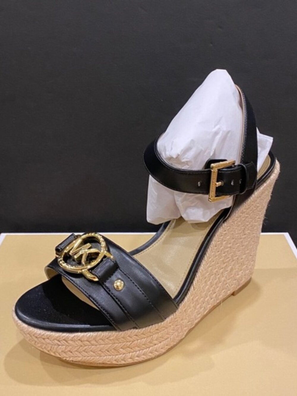 Michael Kors Rory MK Logo Wedge Espadrille Black Sandals Shoes Heels Pumps NEW